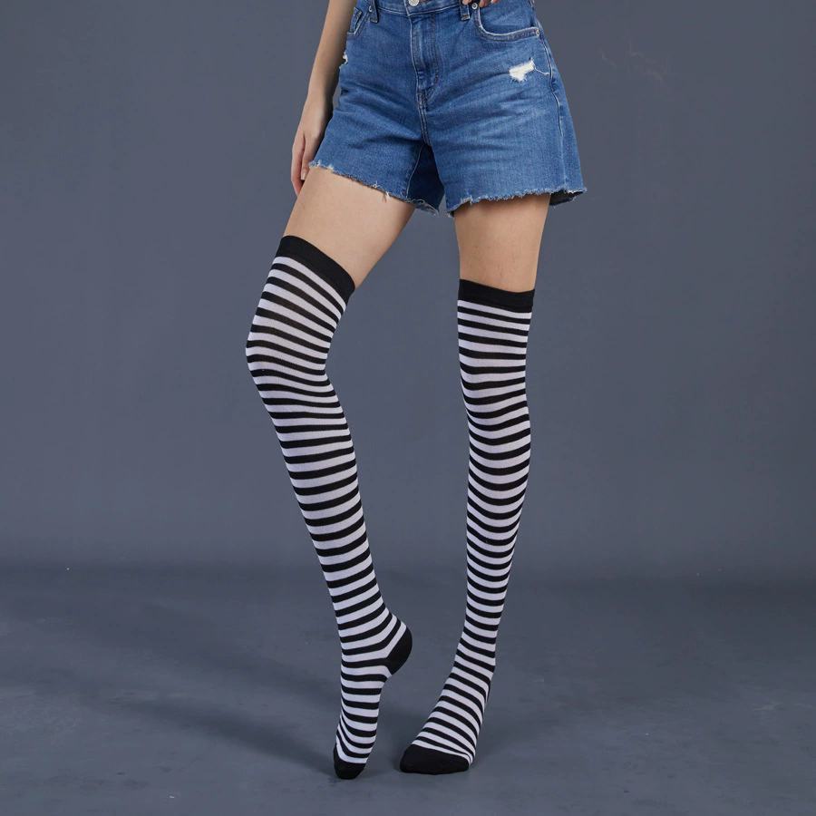 Thin Striped Thigh Highs – Fine Line Horizontal Stripe Over Knee Socks for Women Halloween Party