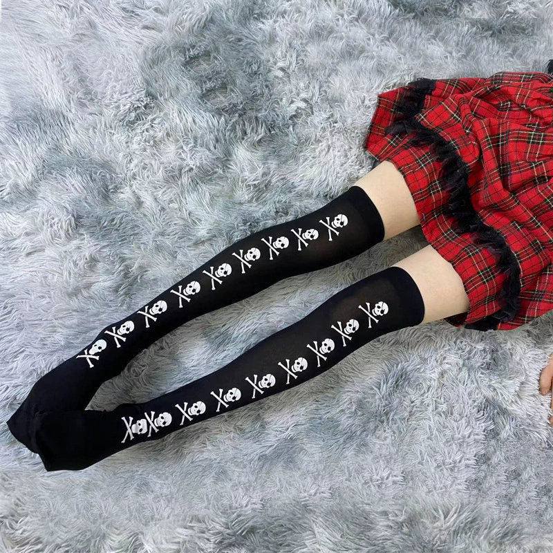 Gothic Punk Halloween Over Knee Socks – Spooky Print Thigh High Stockings for Women Costume Prop