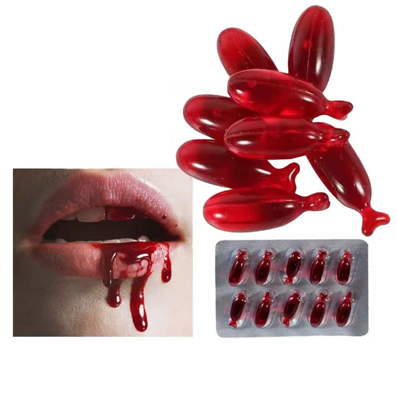 Fake Blood Capsules – Edible Vomiting Blood Pills for Halloween Cosplay Zombie Costume Prop