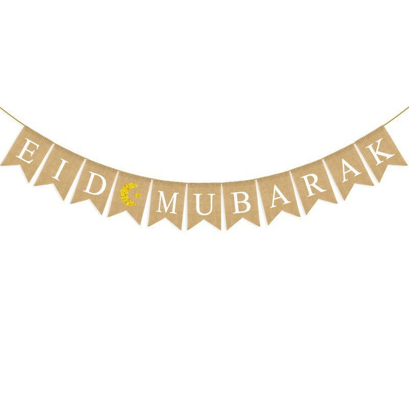 close-up gold glitter crescent moon and white letter burlap pennant texture