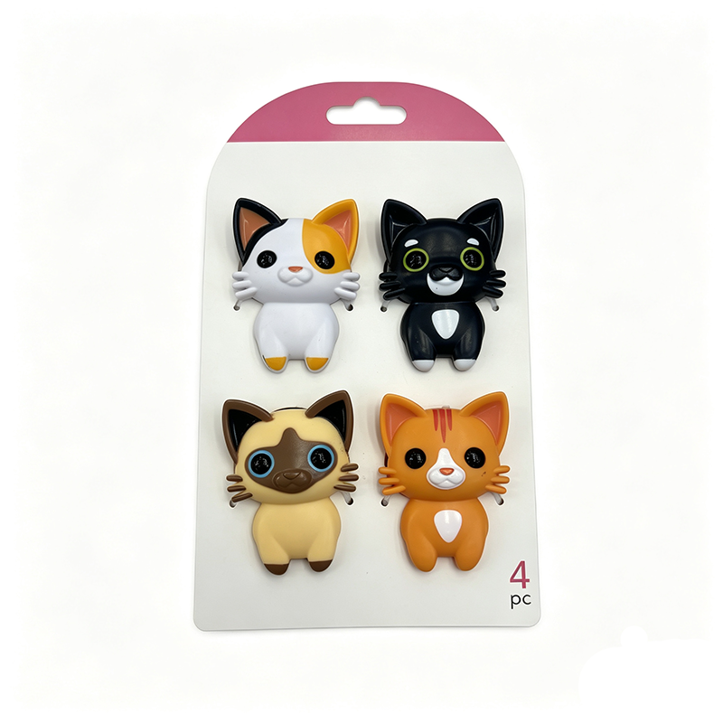 4 pack multi breed cartoon kitten plastic food bag sealing clips pink top retail hang display card