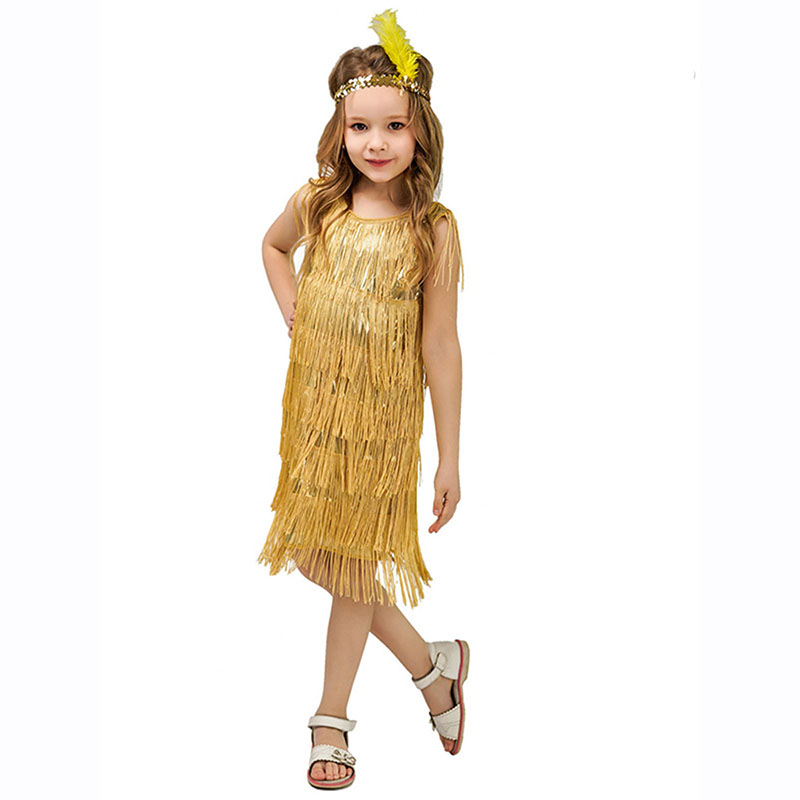 Girls Vintage Latin Dance Costume, Tassel Fringe Skirt for Stage Performance Party Dress