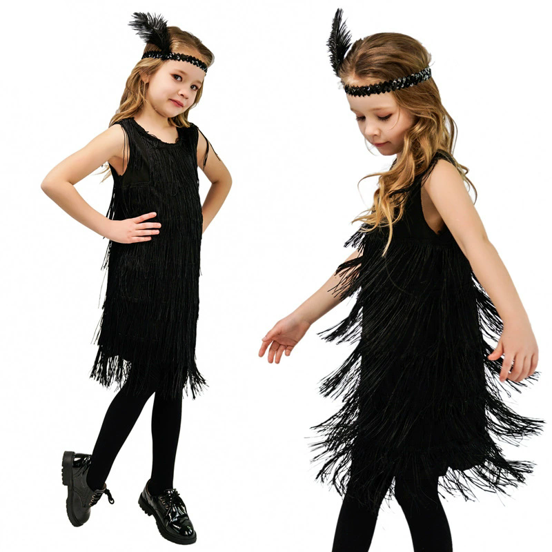 Girls Vintage Latin Dance Costume, Tassel Fringe Skirt for Stage Performance Party Dress