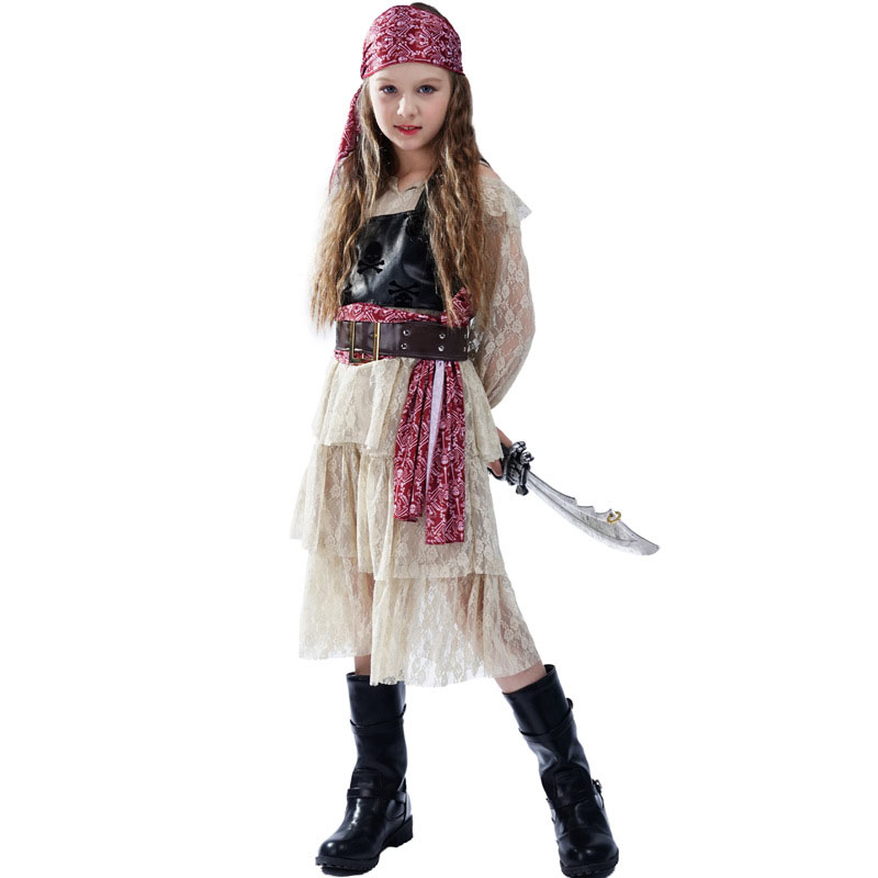 Girls Pirate Costume Halloween, Lace Up Dress with Ruffled Skirt for Cosplay Party