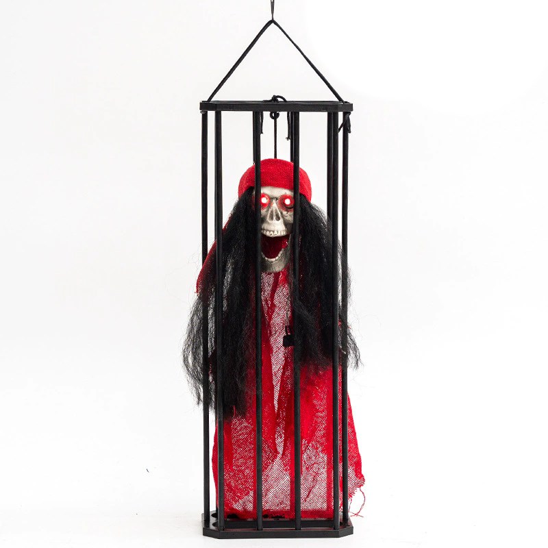 Caged Ghost Pendant with LED – Halloween Hanging Decoration, Funny Prank Prop with Tiny Skeleton Inside Cage for Haunted House