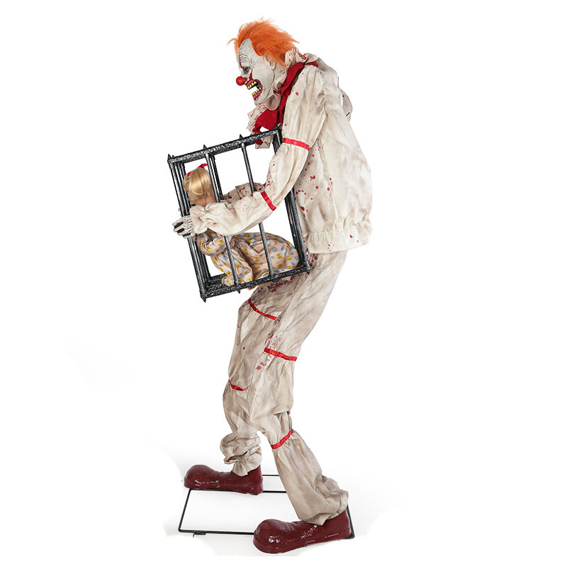 Large Motion-Activated Clown with Cage – Electric Halloween Animatronic Prop for Haunted House Decor