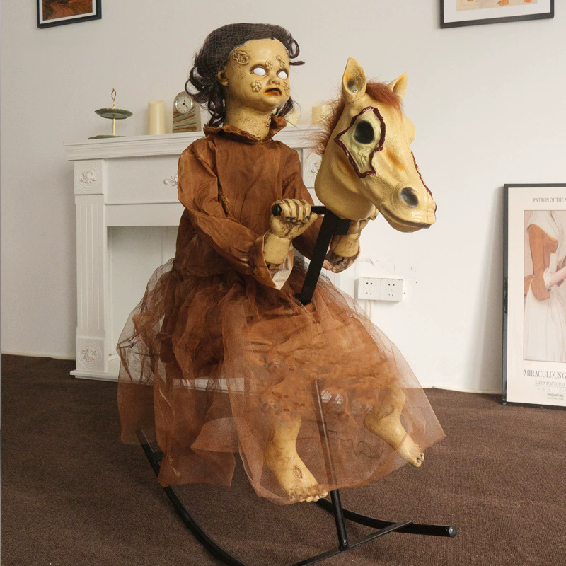Standing Electric Animatronic Little Girl with Rocking Horse – Haunted House, Escape Room & Themed Bar Decoration Prop
