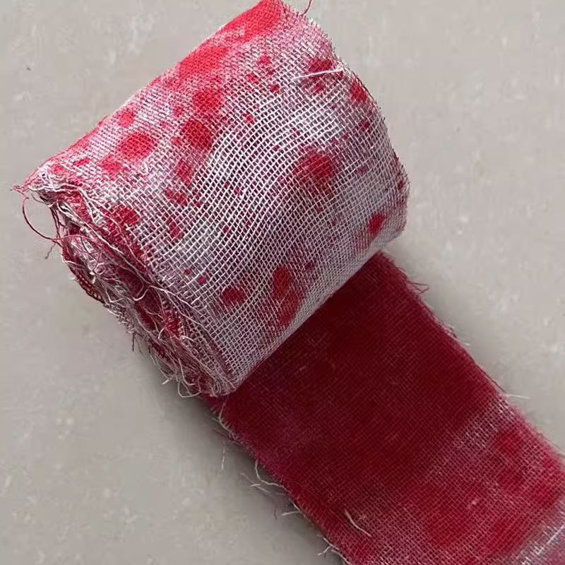 Blood Splattered Cheesecloth Fabric – Aged Red Stained Gauze Roll for Halloween Party Prop, Horror Scene Decoration
