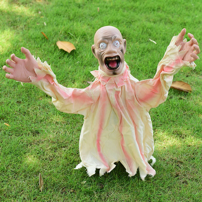 Halloween Ghost Lawn Stake – Spring Loaded Wobbling Ghost with Tattered Robe for Outdoor Cemetery & Porch Decor