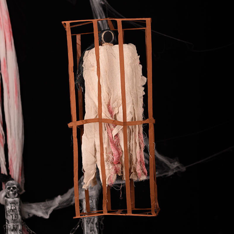 Sound Activated Hanging Ghost – Caged Skeleton with Tattered Cloth & Light for Haunted House Halloween Decor