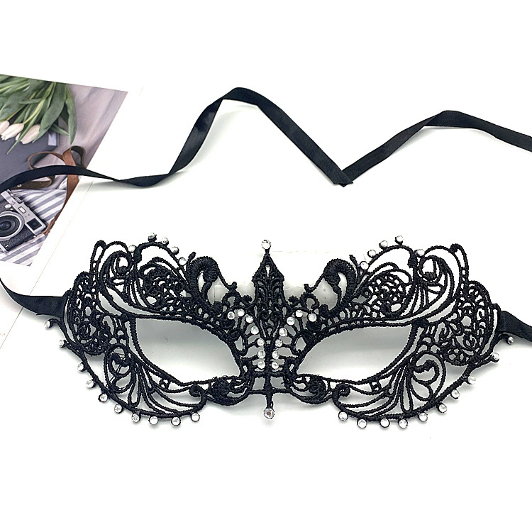 Structured Rhinestone Lace Mask – Black Cutout Half Face Masquerade Mask with Crystal Gems for Women Ball & Party