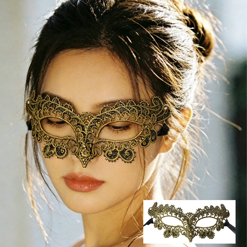Couple Masquerade Mask Set – His & Hers Half Face Lace Eye Mask with Gold Foil Cutout Design for Ball & Party