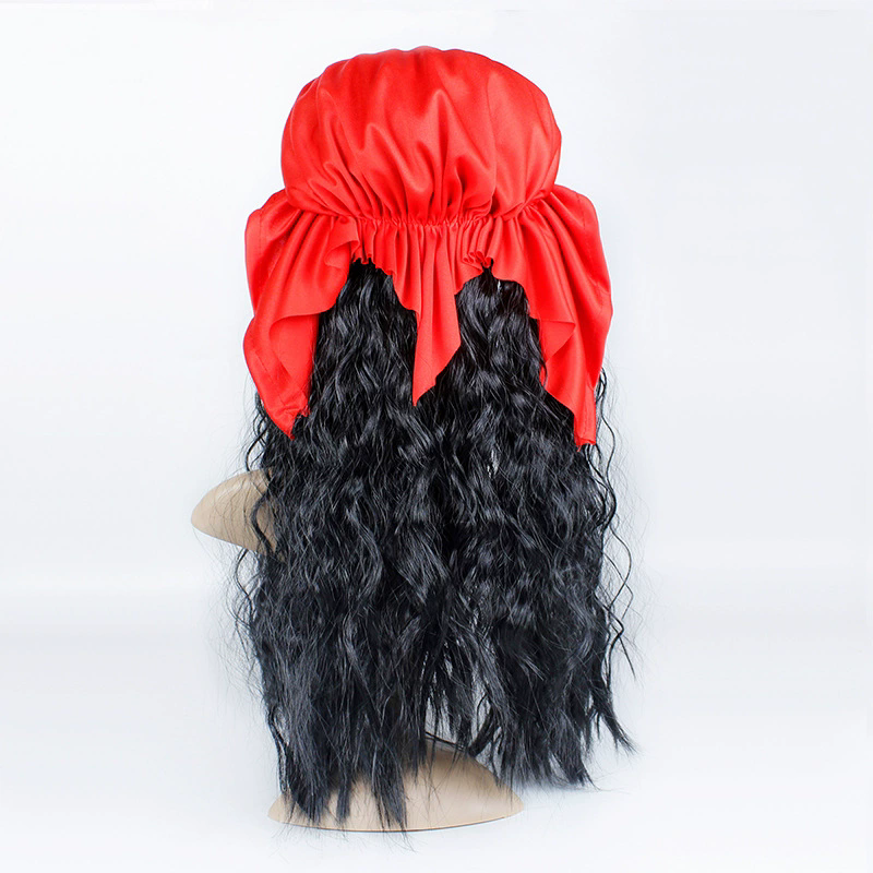 Captain Hook Wig with Red Bandana – Men's Long Black Curly Pirate Wig for Halloween Cosplay Costume