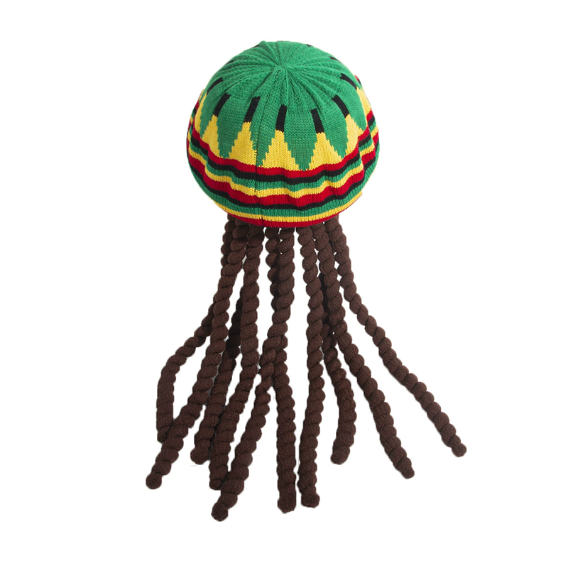 Rasta Reggae Hat with Dreadlocks – Jamaican Beret Knit Octagonal Cap with Fake Hair for Halloween Costume