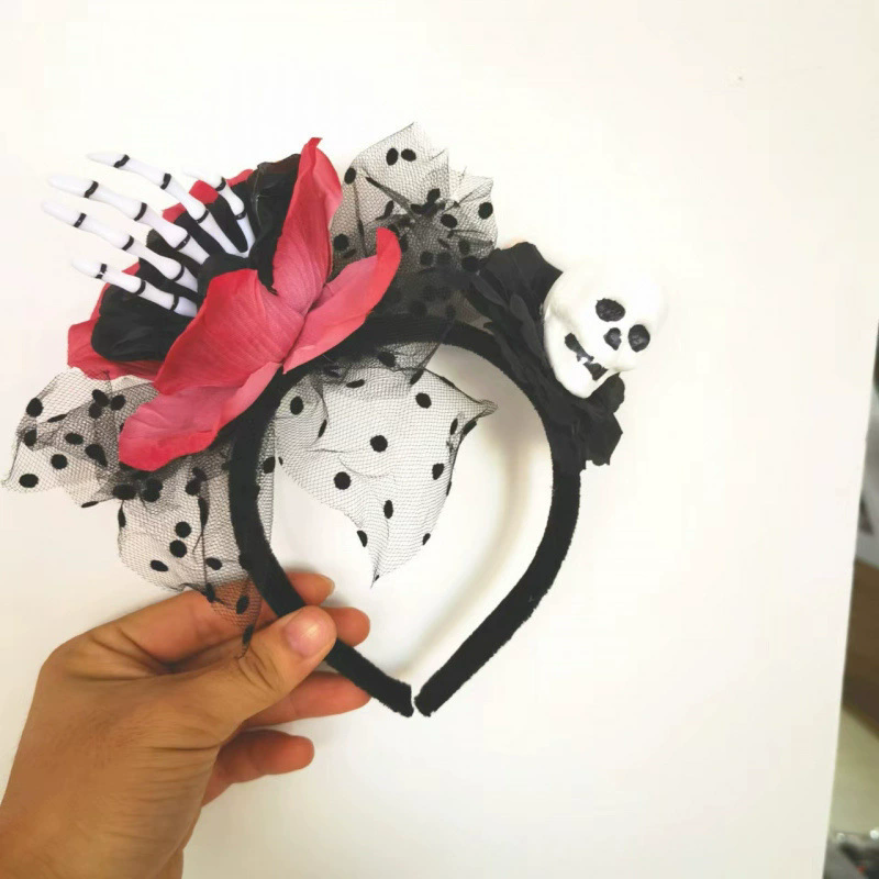 Halloween Red Flower Skull Hat Headband – Gothic Skull Cap with Rose Flower Hairband for Women Costume Prop