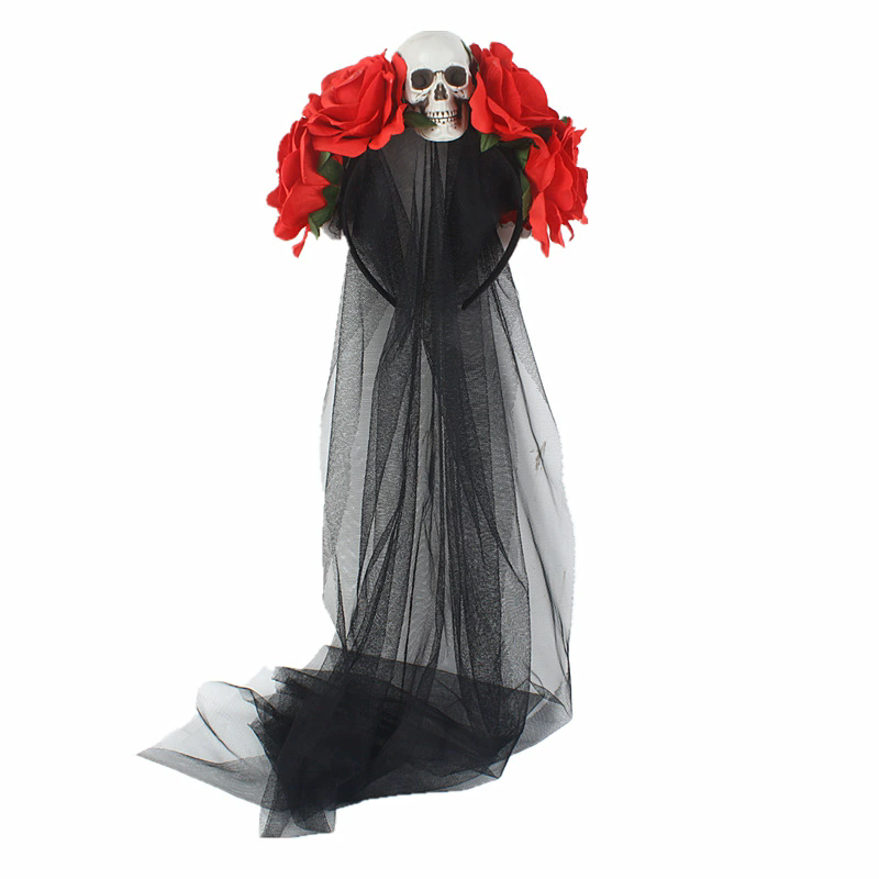 Large Skull Headband with Rose Flowers and Mesh Veil – Gothic Halloween Hairband for Women Costume Prop