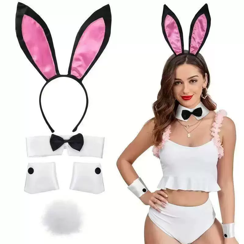 Bunny Ear Headband Set – Rabbit Ear Hairband with Bow Tie or Tail for Women Girls Easter Halloween Costume