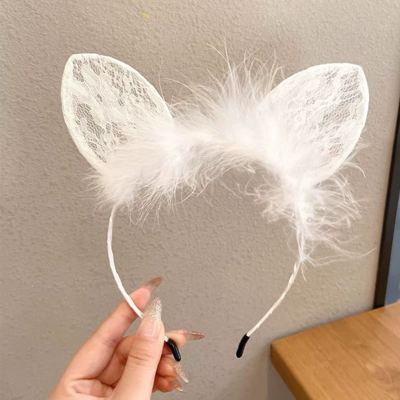Plush Lace Cat Ear Headband – Fluffy Furry & Lace Kitty Ear Hairband for Women Girls Halloween Costume