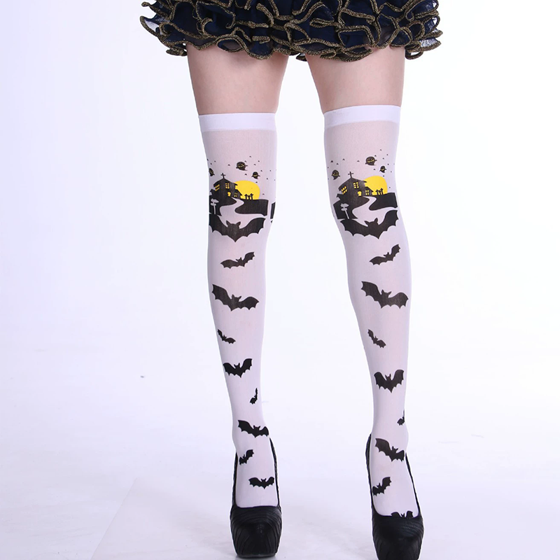 Halloween Bat Pattern Thigh High Socks – Bat Print Over Knee Stockings for Women Costume Prop
