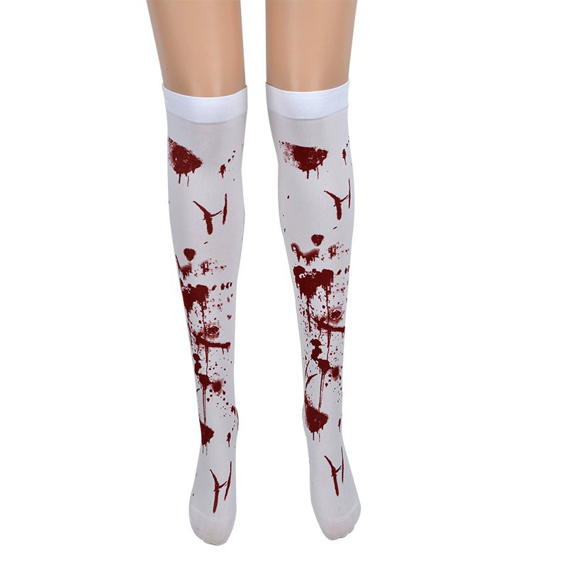 Blood Splatter Over Knee Socks – Halloween Bloody Print Thigh High Stockings for Women Cosplay