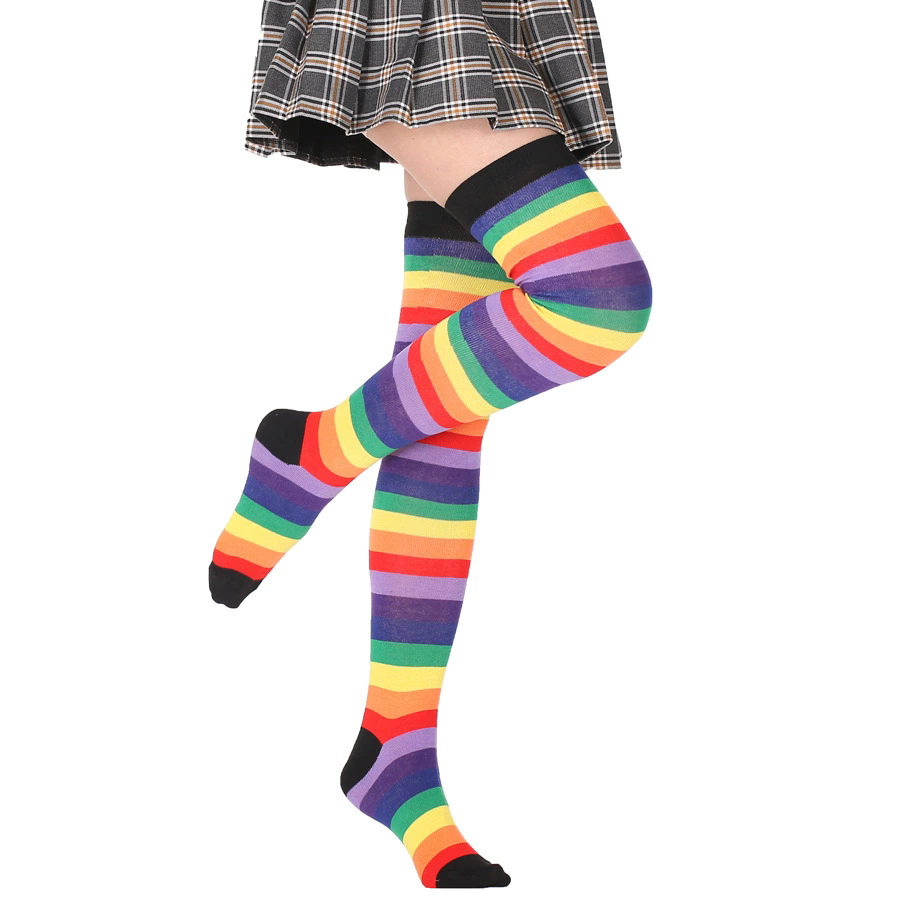 Rainbow Stripe Thigh High Socks – Colorful Over Knee Stockings for Women Halloween Pride Cosplay
