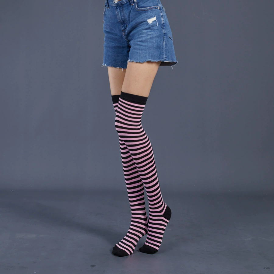 Thin Striped Thigh Highs – Fine Line Horizontal Stripe Over Knee Socks for Women Halloween Party