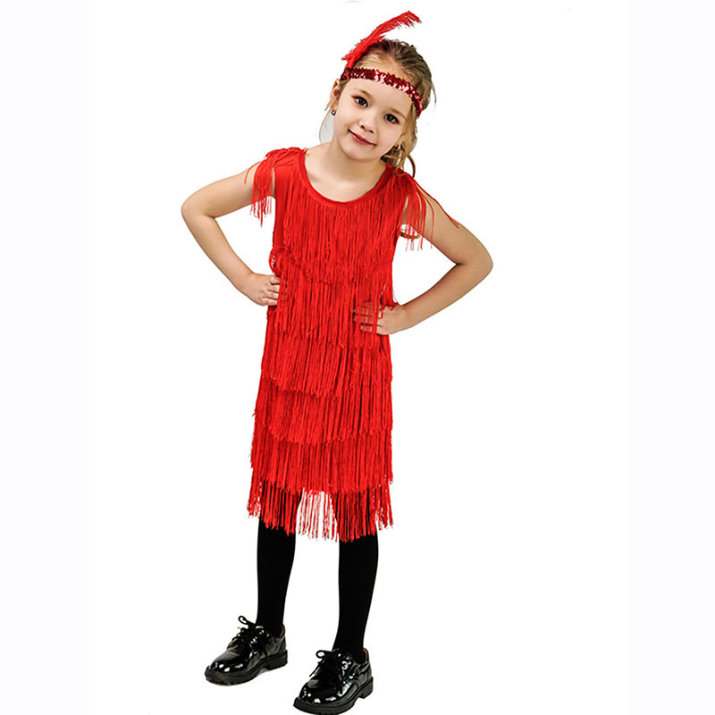Girls Vintage Latin Dance Costume, Tassel Fringe Skirt for Stage Performance Party Dress