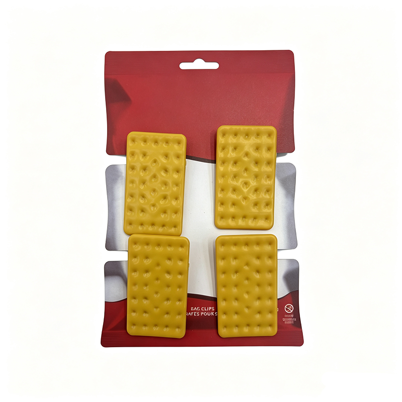 4 pack textured yellow cracker biscuit plastic food bag sealing clips red top retail hang display card
