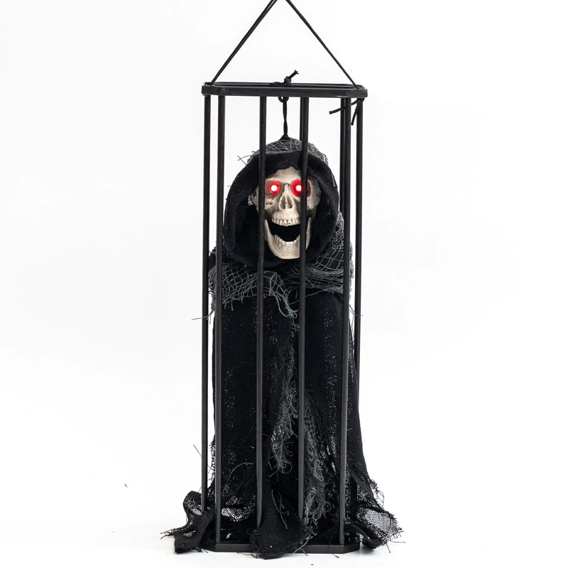 Caged Ghost Pendant with LED – Halloween Hanging Decoration, Funny Prank Prop with Tiny Skeleton Inside Cage for Haunted House
