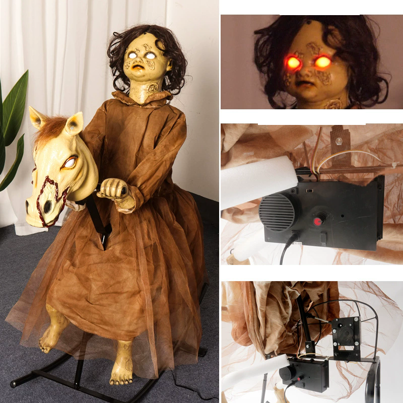 Standing Electric Animatronic Little Girl with Rocking Horse – Haunted House, Escape Room & Themed Bar Decoration Prop