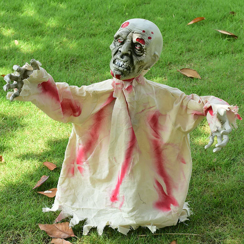 Halloween Ghost Lawn Stake – Spring Loaded Wobbling Ghost with Tattered Robe for Outdoor Cemetery & Porch Decor