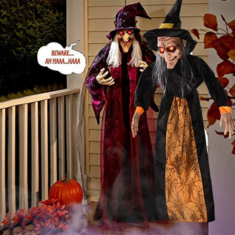 Sound Activated Hanging Witch – Light Up & Screaming Ghost Witch with Flashing LED Eyes for Haunted House Halloween Decor