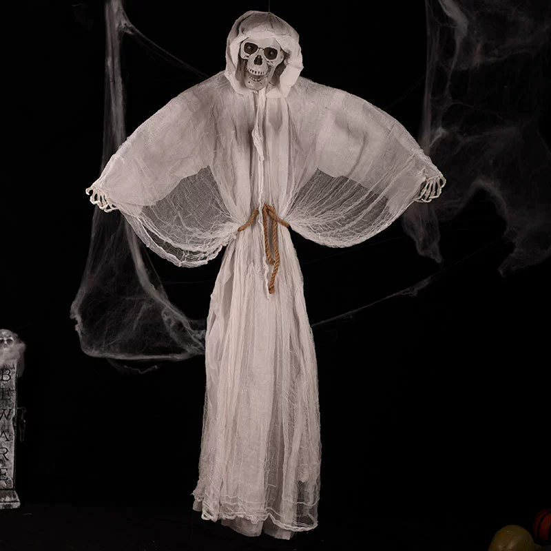 Hanging Skeleton Ghost – Creepy Skull Ghost with Tattered Robe & Chain for Haunted House & Halloween Yard Decor