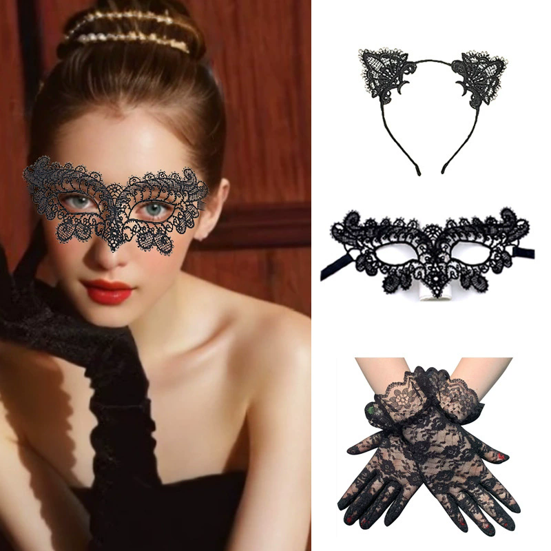 Lace Cat Mask Set – Masquerade Eye Mask with Gloves & Cat Ear Headband for Women, Cute Kitty Costume for Halloween & Fancy Dress