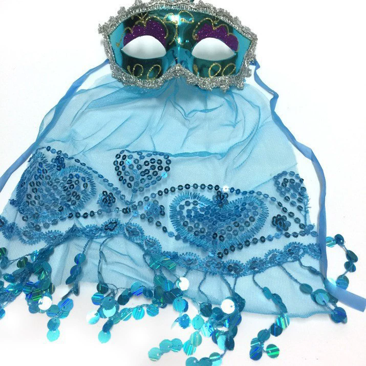 Indian Belly Dance Mask with Veil – Gold Glitter Sequin Half Face Masquerade Mask for Women  Party Costume Accessory