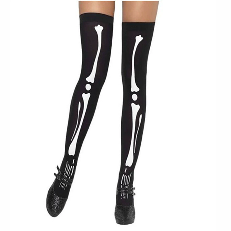 Skeleton Bone Print Thigh High Socks – Skeletal Leg Over Knee Stockings for Women Halloween Costume