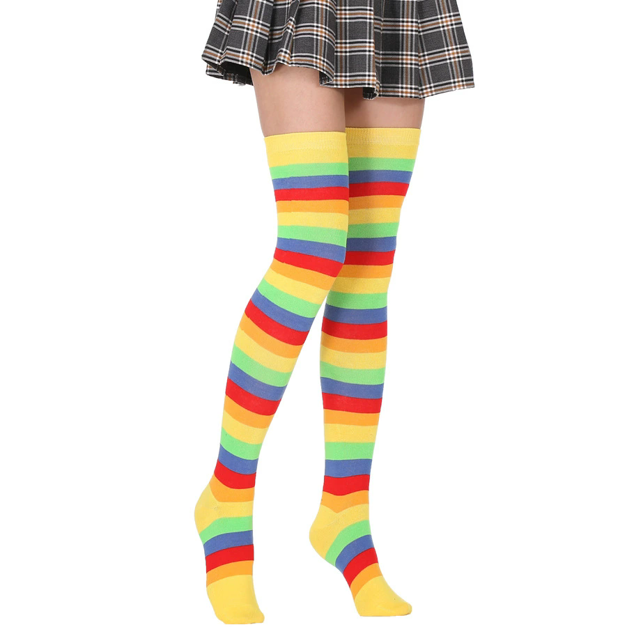 Rainbow Stripe Thigh High Socks – Colorful Over Knee Stockings for Women Halloween Pride Cosplay