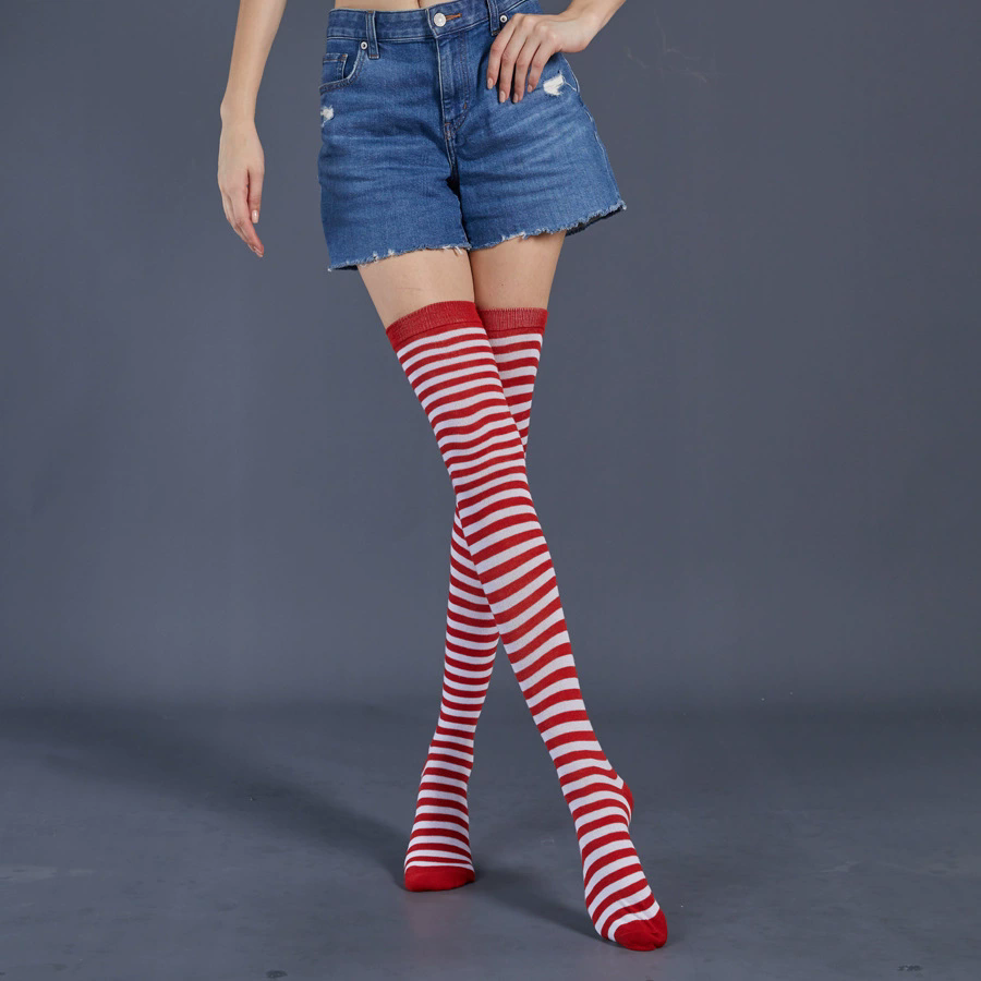 Thin Striped Thigh Highs – Fine Line Horizontal Stripe Over Knee Socks for Women Halloween Party