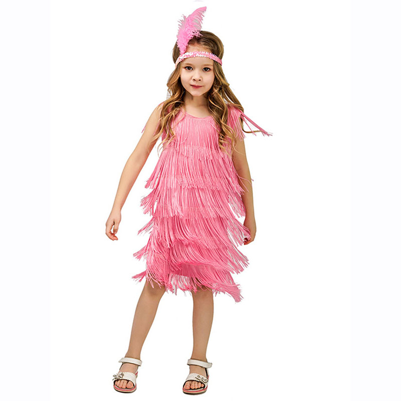 Girls Vintage Latin Dance Costume, Tassel Fringe Skirt for Stage Performance Party Dress