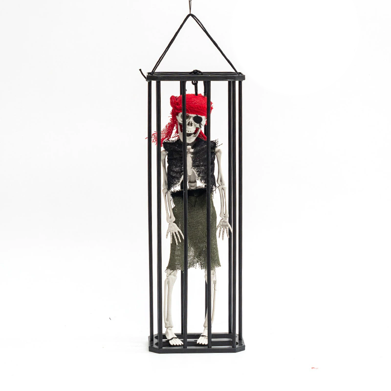 Caged Ghost Pendant with LED – Halloween Hanging Decoration, Funny Prank Prop with Tiny Skeleton Inside Cage for Haunted House