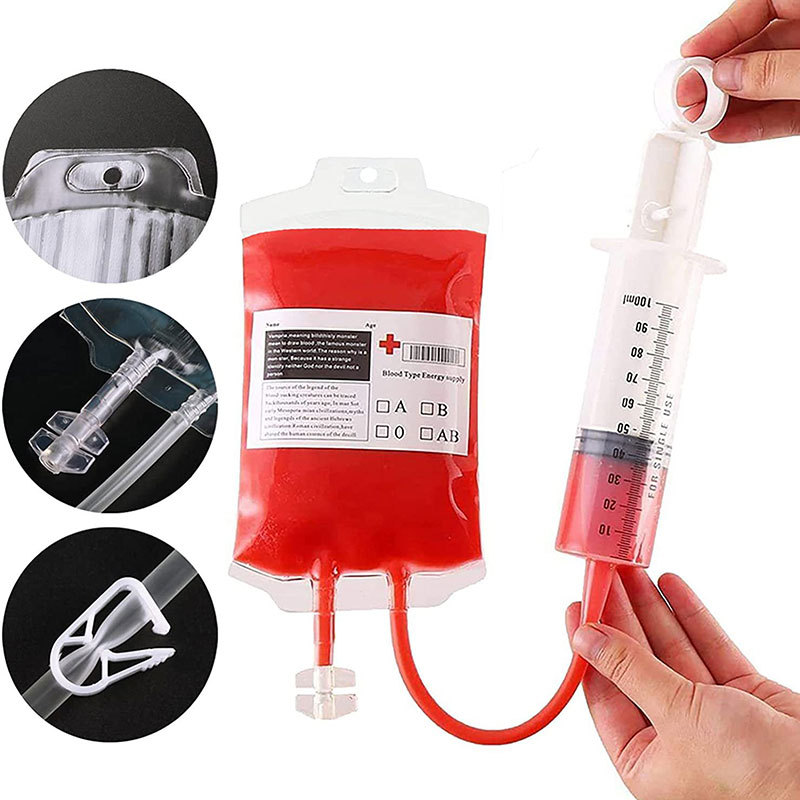 Halloween Blood Bag Dual Tube Drink Pouch – Creepy Vampire IV Bag for Costume Party, Horror Festival & Themed Bar Decor