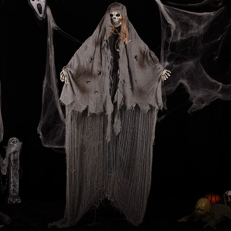 Hanging Skeleton Ghost – Creepy Skull Ghost with Tattered Robe & Chain for Haunted House & Halloween Yard Decor