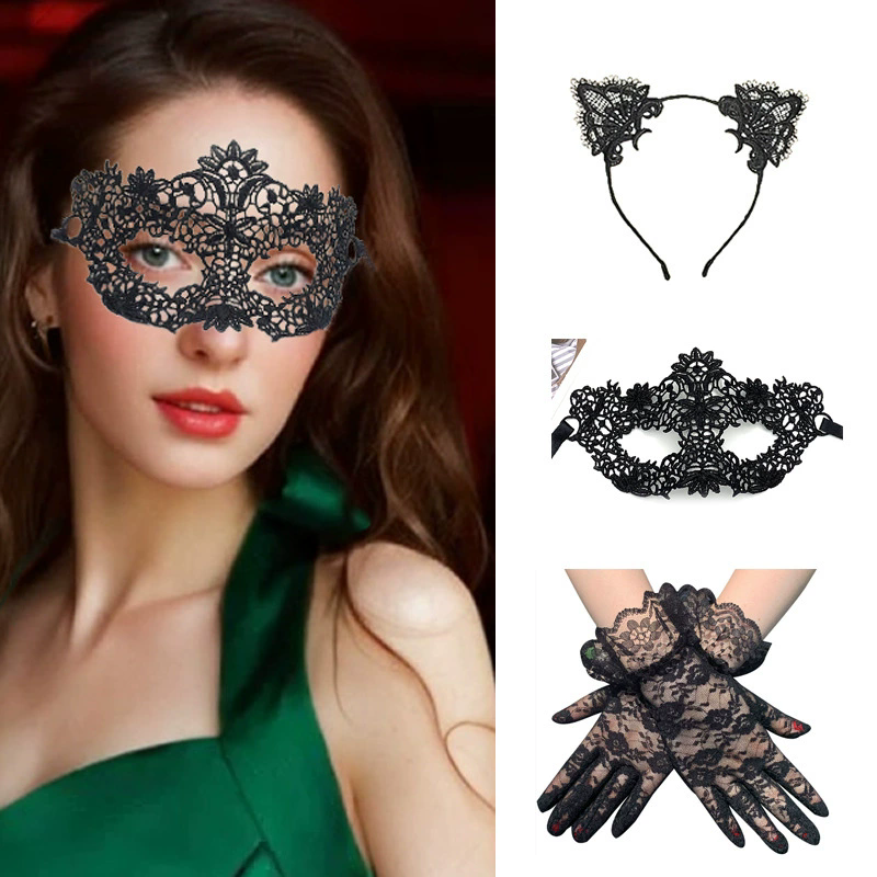 Lace Cat Mask Set – Masquerade Eye Mask with Gloves & Cat Ear Headband for Women, Cute Kitty Costume for Halloween & Fancy Dress