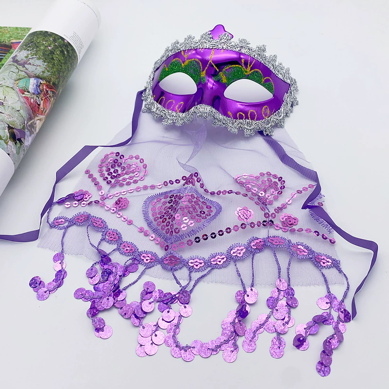 Indian Belly Dance Mask with Veil – Gold Glitter Sequin Half Face Masquerade Mask for Women  Party Costume Accessory