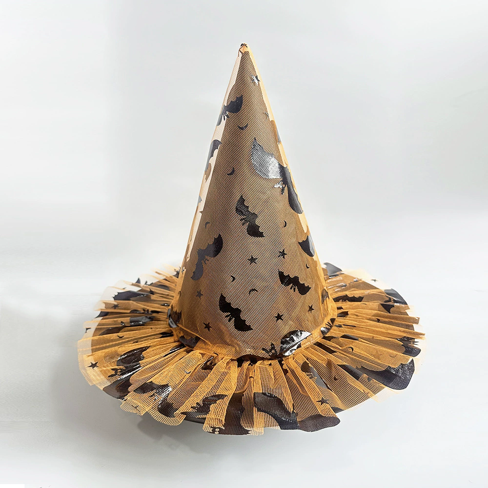 Full Color Printed Netting Witch Hat – Colorful Patterned Tulle Wizard Cap for Adults, Kids, Halloween Party
