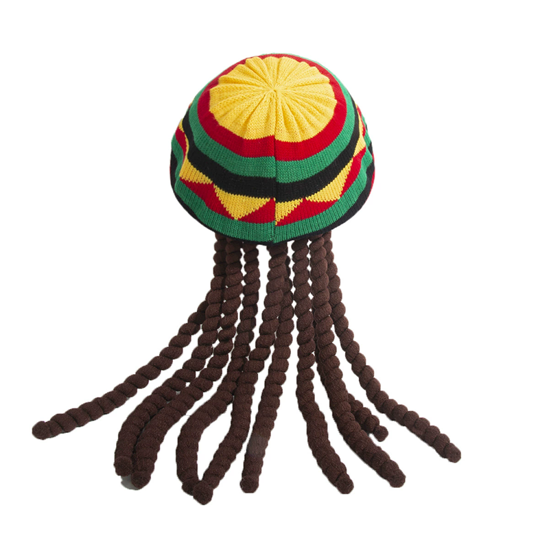 Rasta Reggae Hat with Dreadlocks – Jamaican Beret Knit Octagonal Cap with Fake Hair for Halloween Costume