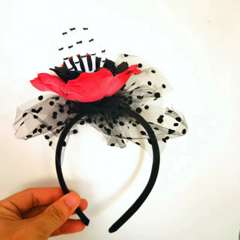 Halloween Red Flower Skull Hat Headband – Gothic Skull Cap with Rose Flower Hairband for Women Costume Prop