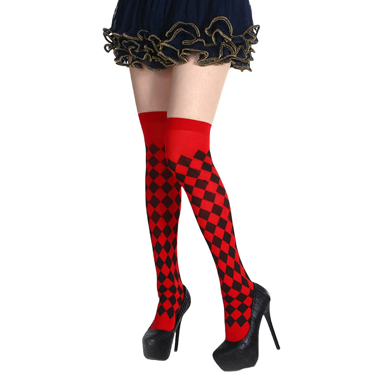 Joker Stripe Over Knee Socks – Harlequin Diamond Pattern Long Thigh High Stockings for Women Halloween Costume