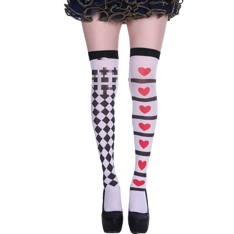 Poker Card Print Thigh High Socks – Halloween Over Knee Stockings with Playing Card Pattern for Women