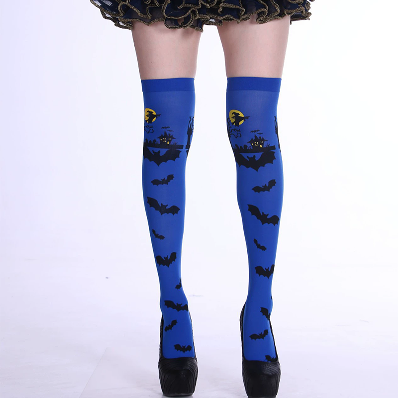 Halloween Bat Pattern Thigh High Socks – Bat Print Over Knee Stockings for Women Costume Prop